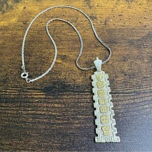 Lapis Egyptian Cartouche Style Pendant Necklace Silver and Gold Tone 18 Inch